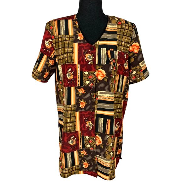 VINTAGE 90s Short Sleeve Floral Multicolour Abstract Blouse - Picture 2 of 10
